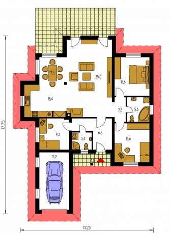 Spiegelverkehrter Entwurf | Grundriss des Erdgeschosses - BUNGALOW 3